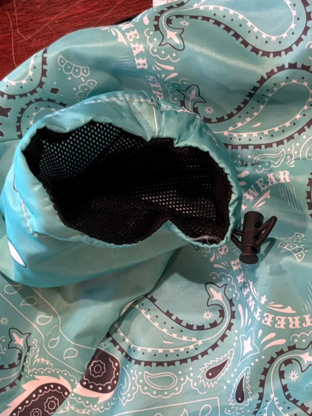 The Dog Face Light Rain Coat Paisley Pattern Teal with Hood and Velcro Closure